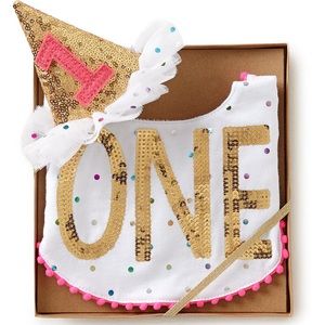 Mud Pie Baby One Dotted and Sequin Bib & Hat Set